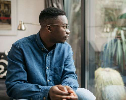 A young man gazes out a sun lit window