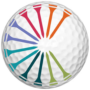 A white golf ball with colorful tees spinning around it.