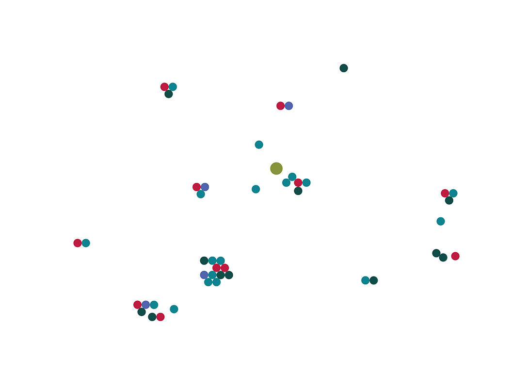A map of the state of Connecticut with colorful dots on it showing locations The Connection serves